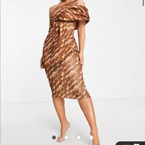 ASOS peekaboo shoulder tuck midi pencil dress in geo print.